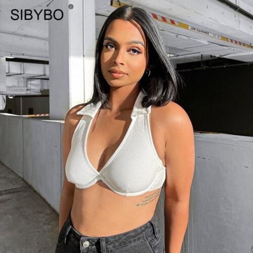 Sibybo White Rib Knitted Lapel Navel Tank Top Women Summer V-Neck Slim Y2K Crop Tops Femme Casual Streetwear Basic Vest Tee 2021