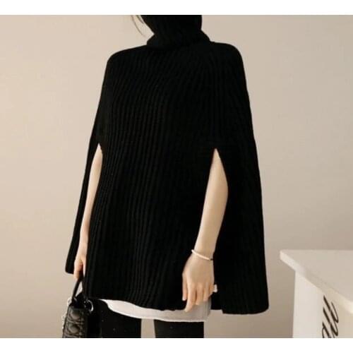 Fall poncho turtle neck knitted sweaters womens cloak pullover high neck solid basic loose casual black jumper sweater 4 colors