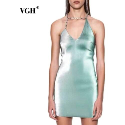 VGH Black Sexy Patchwork Diamonds Sling Dress For Women V Neck Sleeveless Backless High Waist Party Mini Dresses Female 2021 New