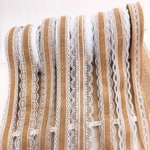 2Meter 4cm Natural Jute Burlap Hessian Lace Ribbon with White Lace Trim Edge Rustic Vintage Wedding Centerpieces Decor Craft