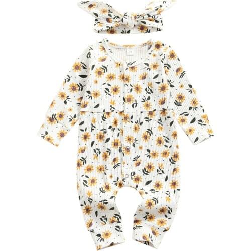 2 Pcs Newborn Ribbed Outfits, Baby Girls Flower Print Long Sleeve Round Neck Jumpsuit + Bow Headband