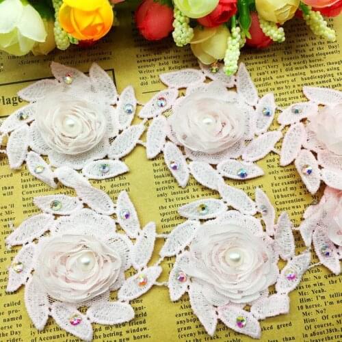 20x Pink Pearl Beaded Rose Flower 3D Diamond Lace Trim Ribbon Fabric Guipure Embroidered Applique Sewing Craft Wedding Dress