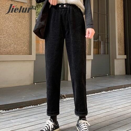 Jielur Beige Black Corduroy Pants Female Winter Warm Plus Size S-5XL Straight Casual Harem Pants for Women Loose Capri Trousers