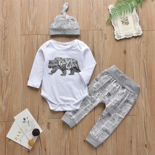 Boys Clothing Sets For Newborn Baby Bear Printed Long Sleeve Bodysuit+Legging Pants+Hat Infant Baby Toddler Clothes Set