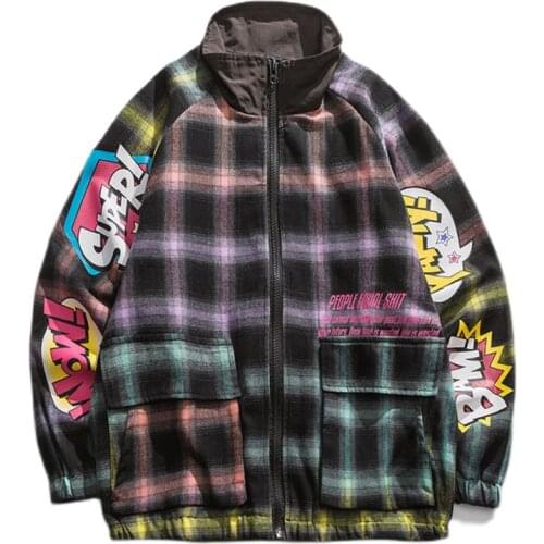 Cartoon Letter Gradient Color Lattice Graffiti Print Jacket Mens Spring New Loose Casual Collar Zipper Hip Hop Coats