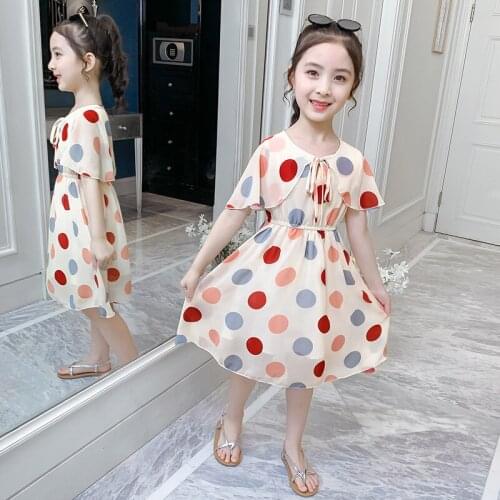 Summer girls in the big children fashion new foreign gas net red childrens girl Korean version of the shawl wave dot dress