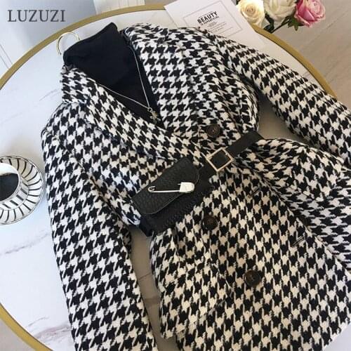 LUZUZI Autumn Winter Coat Women with Waist Bag Houndstooth Woolen Coat Female Korean version Suit Loose Thick Warm Jacket 2020