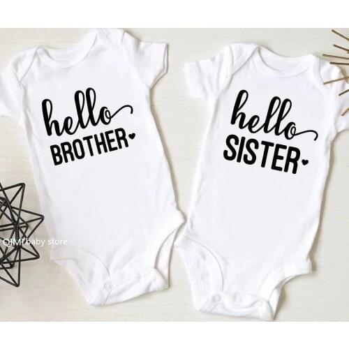 Hello Brother Sister Fashion Baby Bodysuits Cotton Short Sleeve Baby Boy Girls Onesies Romper Pregnancy Reveal Bodysuit Clothes