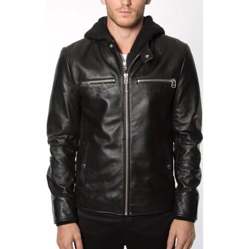 Mens fashion hood genuine leather jacket Hat Detachable casual leather coat men black sheepskin male real leather jacket 2017