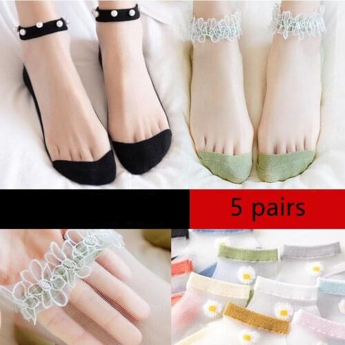 5 pairs woman socks cute smiley chrysanthemum thin summer lace socks crystal silk breathable woman socks