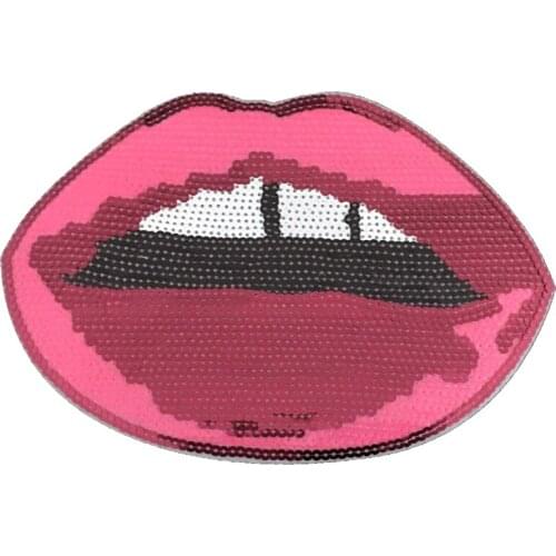 New Arrival Pink Sequined Lips Iron on Patches for Clothes Handmade Sequins Decoration Mouth Applique Patch Large 2 Pieces/lot