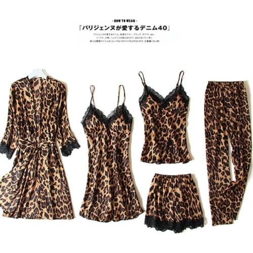 New 5 Pieces Women Autumn Pajama Sets Leopard Print Sexy Sleepwear Lace Style Fashion Party Nightdress Femme Home Clothes Top