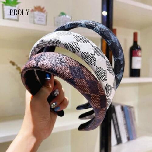 PROLY New Fashion Headwear Girls Diamond Plaid PU Leather Hairband Headband For Women Soft Turban Hair Accessories