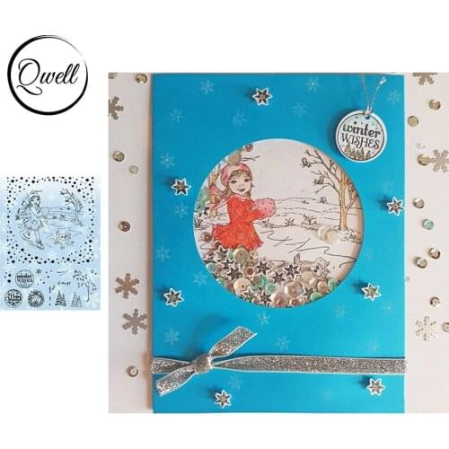 QWELL 6*8 inch Clear Transparent Skiing Girl Winter Scenery Happy Christmas Winter Wishes Stitched Round DIY Template 2020