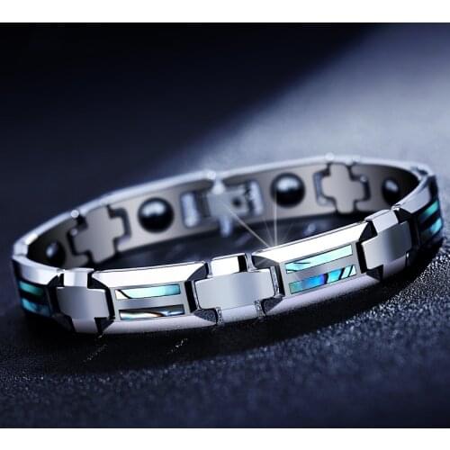 Silver Tungsten Carbide Bracelet Magnet Health Link High Polished Inlay Shell Anti-Fatigue Size Adjustable Fashion Accessories
