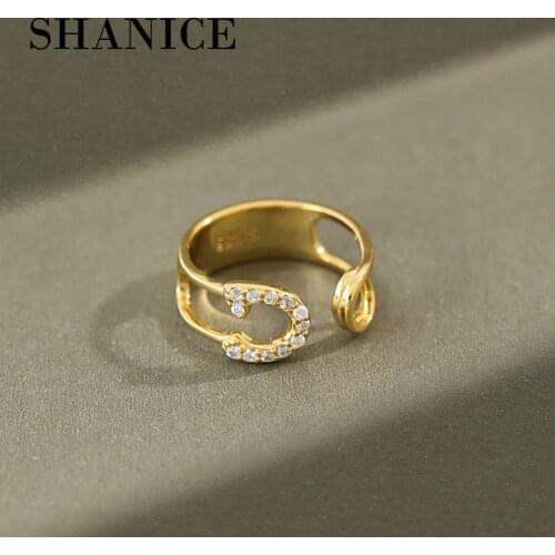 SHANICE 925 Sterling Silver Rhinestone Open Ring Pin Clip Gold Color Finger Ring For Women Statement Adjustable Ring Wholesale