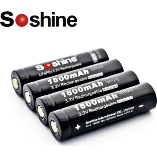 Soshine 3.2V Rechargeable 18650 LifePO4 Battery Cell 1800mAH Protected Positive nipple for Led Torch Headlamp Bicycle Light