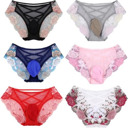 Men Lace Briefs Panties Seamless See-Through Embroidered Sissy Underwear Bulge Pouch Hollow Out Cross Back Low Rise Underpants