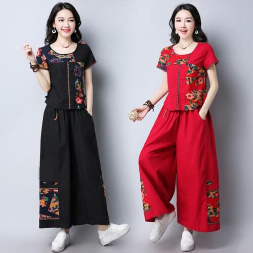 Oriental Ladies Cotton Linen Plus Size Clothing for Women 3xl 4xl Modern Embroidery Traditional Chinese Style Top Pant Suit