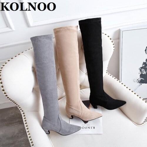 KOLNOO New Handmade Ladies Low-Heels Long Boots Sexy Evening Party Over Knee Boots Big Size 34-50 Winter Fashion Daily Shoes