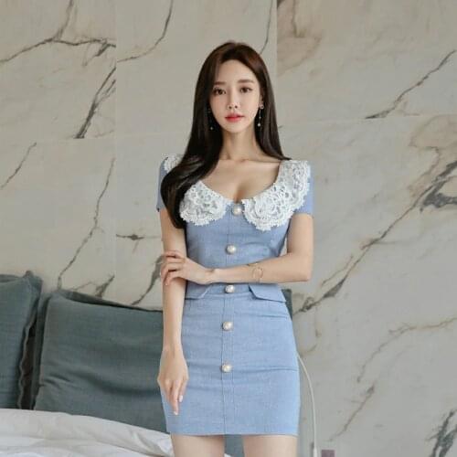 Sweet Chic Officee Denim Dress Women Elegant Korean Kawaii Patchwork Lace Dress Spring Summer 2020 New Mini Vestido Femme S-XL