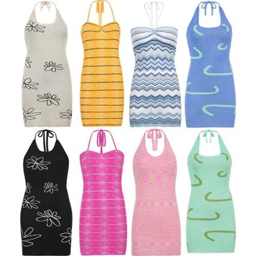 Female Beach Knitted Bodycon Dress Chic Elegant Lady Backless Sleeveless Bandage Halter Summer y2k Dresses For Women 2021