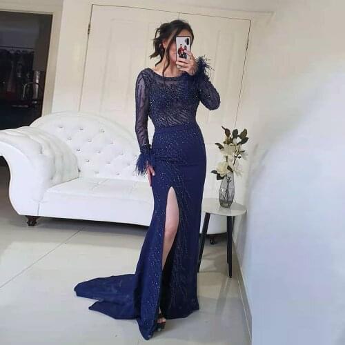 Couture 2021 Fashion Navy Feather Full Sleeve Evening Gown Mermaid Slit Formal Women Pageant Dresses See Through