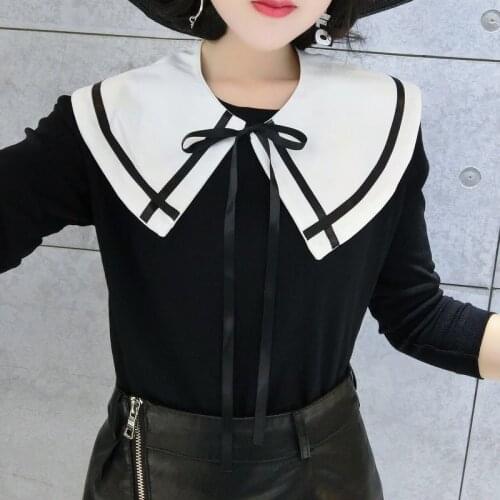 Vintage Choker necklace White half Shirt Navy collar black tied ribbon white floral Collier Femme ecoration Necklace Choker