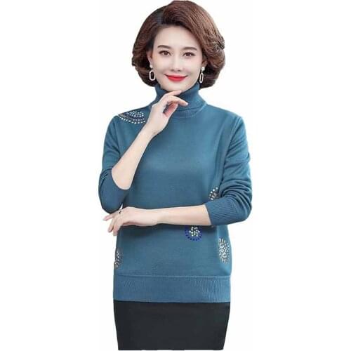 Winter Womens Plus Cashmere Knitted Sweater Turtleneck Long Sleeve Bottoming Shirt Mother Plus Size Diamond Warm Sweaters KW455