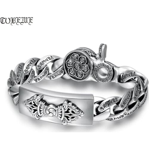 100% 925 Silver Bracelet Tibetan Six Words Proverb Bracelet Vintage Buddhist Vajra Dorje Symbols Good Luck Man Bracelet