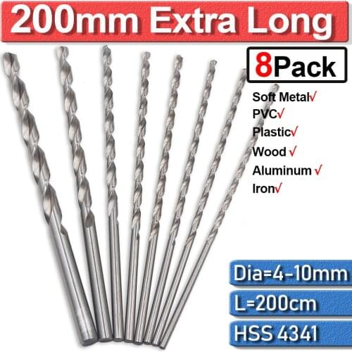 8Pcs/set 200mm Extra Long High Speed Steel HSS Twist Drill Bits For Metal Drilling 4.0/4.2/4.5/5.0/5.2/6.0/8.0/10mm Wood Tool