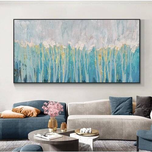 Abstract Green Blue Painting With Gold Foils 100% Hand Painted Oil Painting On Canvas Modern Wall Art For Home Room Decoration