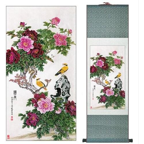 Free shipping Chinese Art Painting Home Office Decoration Chinese painting oriole with Peony flowerPrinted painting
