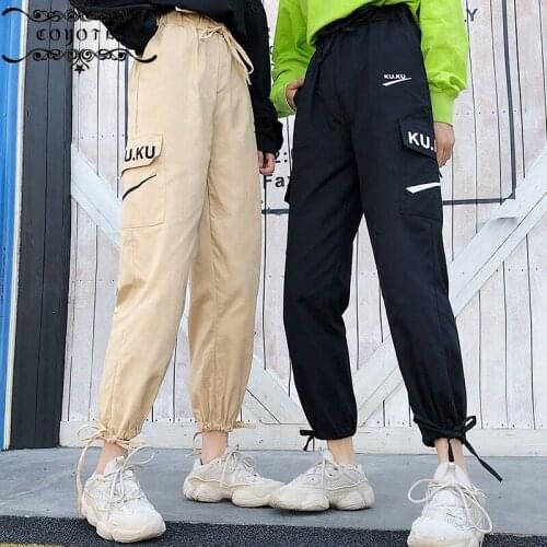 COYOTES Womens Pant Solid Pockets Ankle-Length Cargo Pants Women Harajuku Korean Style Casual Trousers Soft Trendy All-match