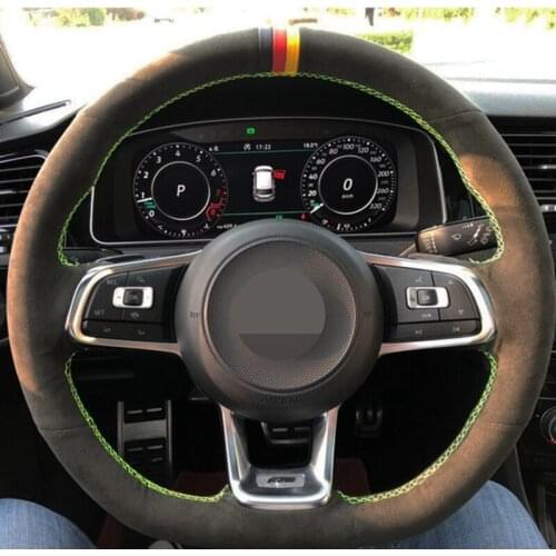 Car Steering Wheel Cover Hand-Stitched Non-slip Black Genuine Leather Suede For Volkswagen Golf 7 GTI / Golf R MK7 VW Polo GTI
