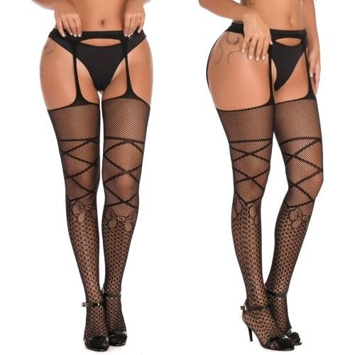 Black Women Sexy Lingerie Stockings Fishnet Tights Transparent Crotchless Pantyhose Thigh High Elastic Embroidery Stockings