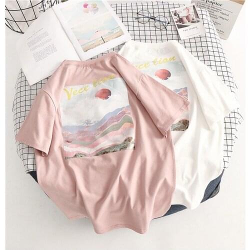 Japan Art Wave Ulzzang Harajuku mountain back print Summer Fashion Casual Loose short-sleeve tops tees pink sweet women t-shirt