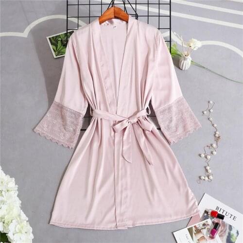 Daeyard Women Silk Satin Short Night Robe Solid Kimono Robe Sexy Lace Trim Bathrobe Peignoir Bride Bridesmaid Robe Dressing Gown