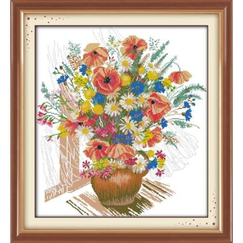 Joy Sunday Colorful Flower Vase Cross Stitch Kits Embroidery Needlework 11&14CT DIY Cross Stitch on Canvas Chinese Embroidery