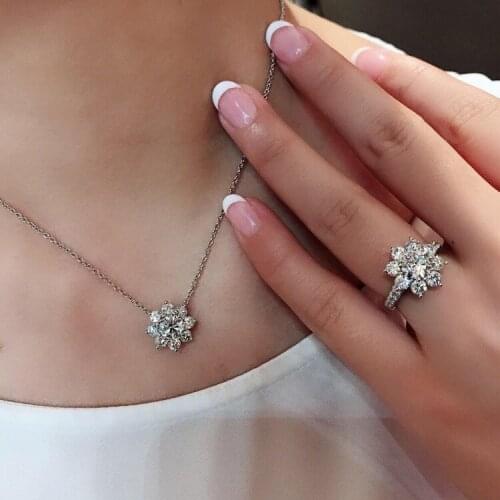 Full Diamond Jewelry Set Plated Silver S925 Ring Moissanite Stone Sun Flower Pendant Necklace Female Fashion Stud Earring