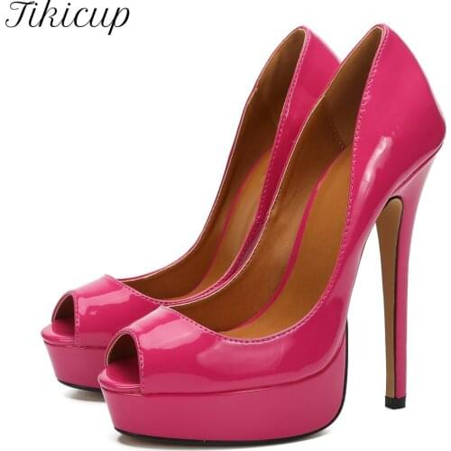 Tikicup 16cm/6" Extremely High Heel Cross-dresser Patent Peep Toe Platforms Pumps Slip On Sexy Stilettos Trans Shoes Size 40-48