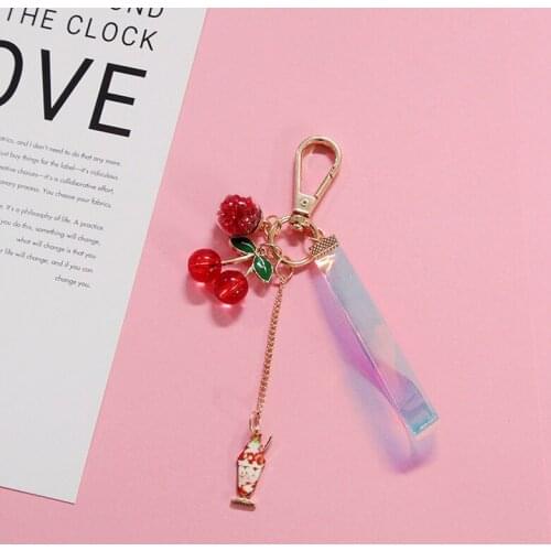 1PC Laser Ribbon Beautiful Cherry Keyrings Bag Pendant Charm Dangle Keyring Marine Shell Pearl Keychain Stunning Keyrings