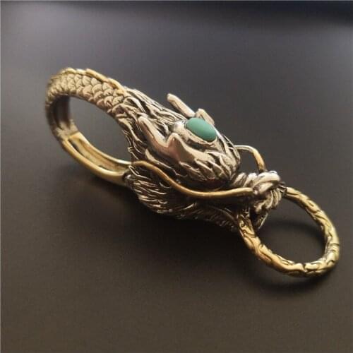 Copper Dragon Head Car Keychain with Ring Vintage High-end Dragon Brass Keyring Pendant Luxury Men Spring Key Chain Accessories