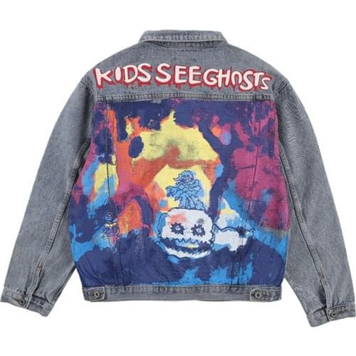 Graffiti Mens Denim Jacket Street Style Ink Printing Men and Women Loose Distressed Denim Jacket