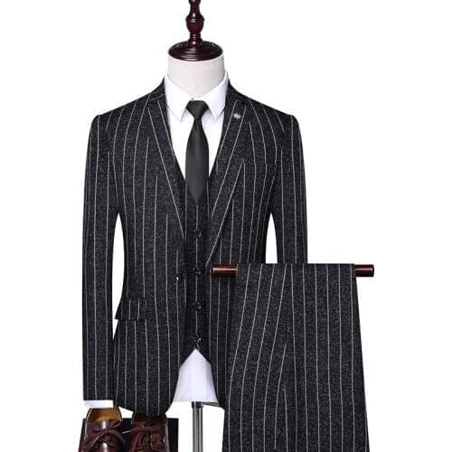 2021 Mens striped suit three-piece suit (blazer + trousers + vest) fashion slim suits quality fabric mens wedding dress suit