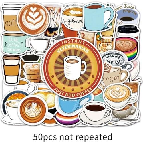 50PCS Cartoon Coffee Stickers PVC For Girl Kawaii Decal Sticker Toy DIY Cute Stationery Luggage Suitcase Laptop Guitar Pegatinas