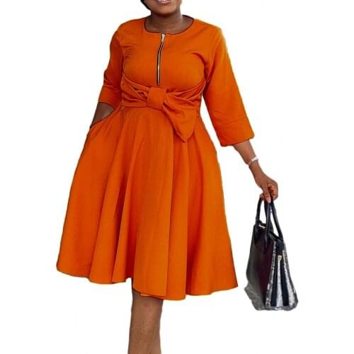 Office Modest Work Wear Solid Color Three-quarter Sleeve Bow Zipper O Neck Elegant Women Dress Lady Party Dress African Clothing