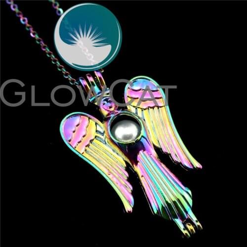 R-C51 Rainbow Color Blessed Fairy Wings Beads Cage Pendant Perfume Diffuser Aromatherapy Pearl Cage Locket Necklace