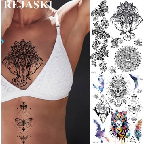REJASKI Ganesha Elephant Butterfly Temporary Tattoos For Women Sticker Mandala Flower Black Henna Sexy Tatoos Art Custom Tattoo