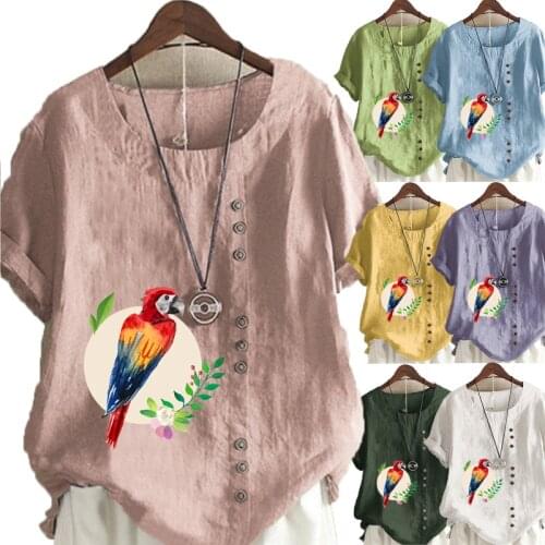 Womens New Fashion Summer Parrot Prined Round Neck Short Sleeve T-shirt Casual Loose Solid Color Blouse Tops Plus Size